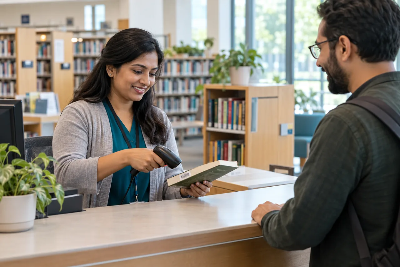 A librarian scanning a book barcode while issuing the book to a library member