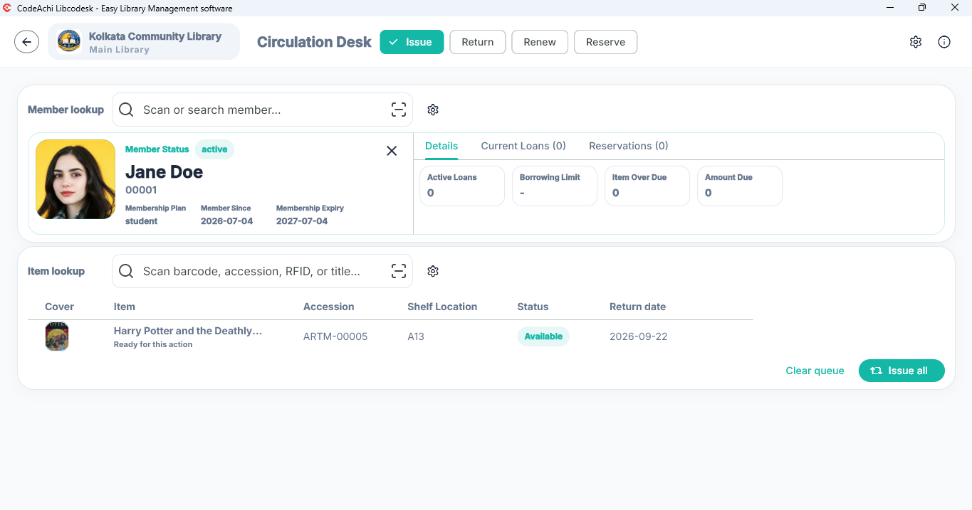 CodeAchi Libcodesk Standalone circulation desk showing member lookup and an item ready to issue