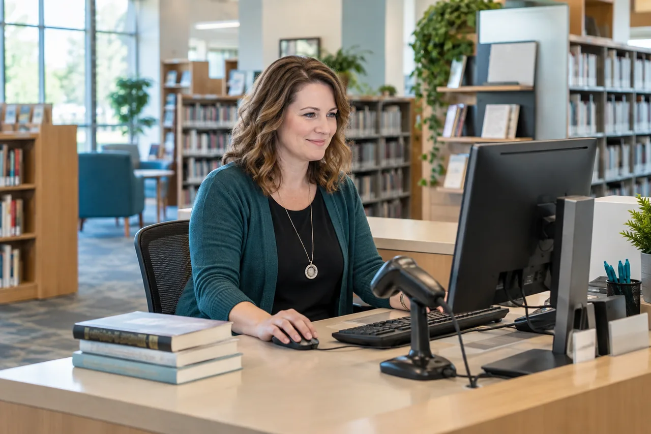 A librarian managing daily library work from a dedicated standalone computer